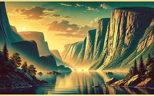 Vintage Noorwegen, Fjord en middernachtzon Poster