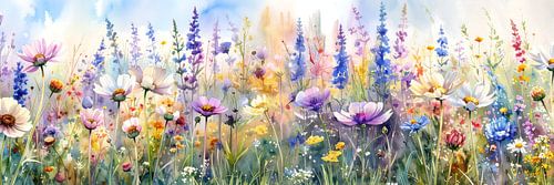 Panorama schilderij van een zomerse bloementuin van Studio Pieternel