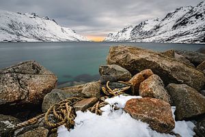 Touw op rotsblokken in Noors fjord van Martijn Smeets