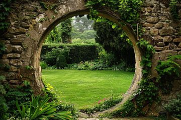 Oude stenen boog met zicht op groene, bloemrijke tuin van De Muurdecoratie