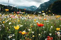 Flower field in front of majestic mountain peaks