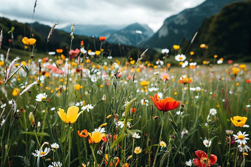 Flower field in front of majestic mountain peaks by Imperial Art House