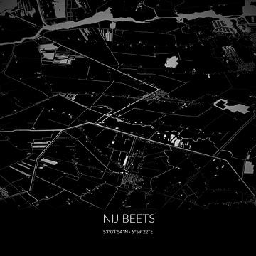 Zwart-witte landkaart van Nij Beets, Fryslan. van Rezona