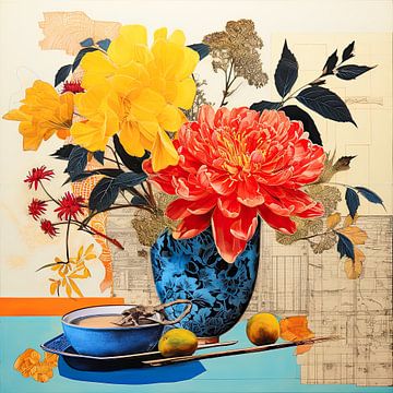 Nature morte florale asiatique moderne en rouge, jaune et bleu sur Vlindertuin Art