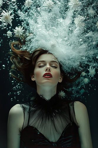 vrouw met hoofd in de wolken