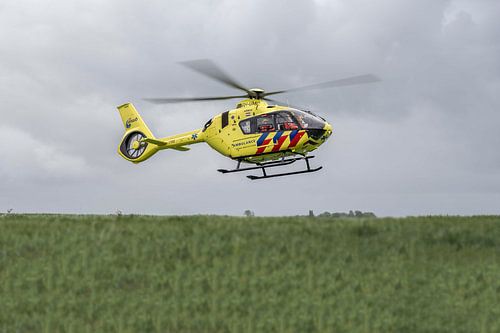A trauma helicopter during takeoff