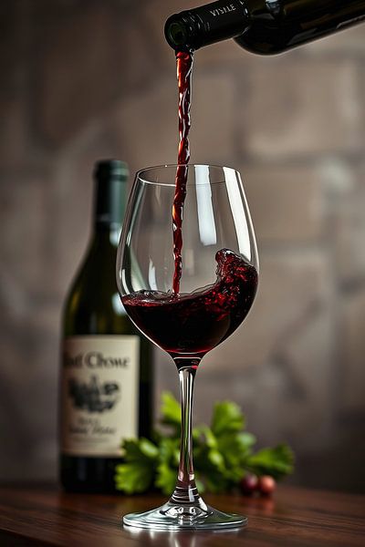 Red wine glass with bottle by Wandbilder-Shop
