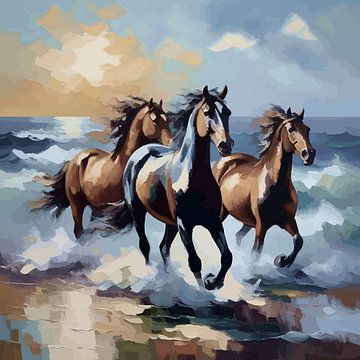 Chevaux au galop dans le ressac (bleu brun) sur Anna Marie de Klerk