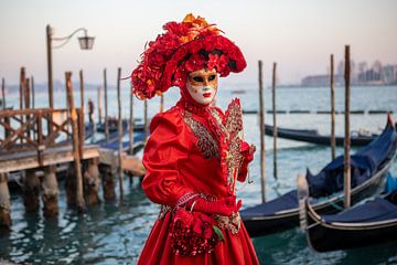 Rood kostuum op het carnaval van Venetië