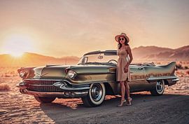 Woman with sun hat by classic vintage car by Jan Bouma