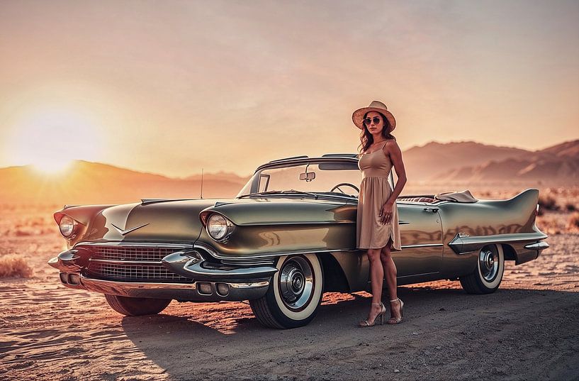Frau mit Sonnenhut an einem Oldtimer von Jan Bouma