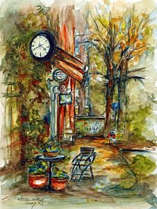 Das kleine Cafe in Amsterdam. Handgemalte Aquarellfarbe.