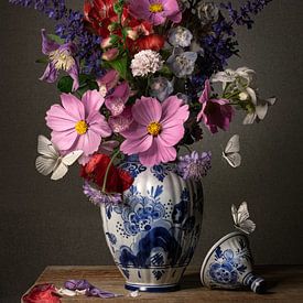Flowers in Delft blue vase by Inkhere Art