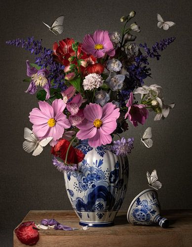 Flowers in Delft blue vase by Inkhere Art