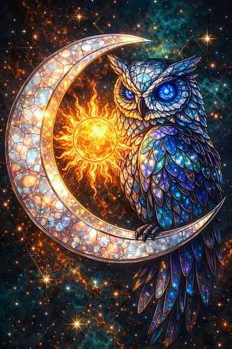 Art numérique céleste : chouette, vitrail, croissant de lune et soleil