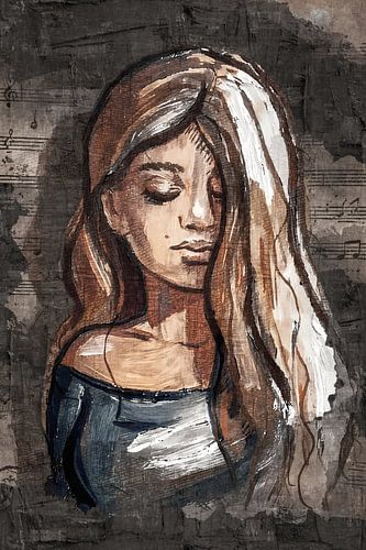 Expressief vrouwelijk portret – Mixed media kunst met muzikale gelaagdheid van Emiel de Lange