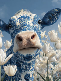 Kuhportrait mit Tulpen in Delfter Blau von Wilma Mesman