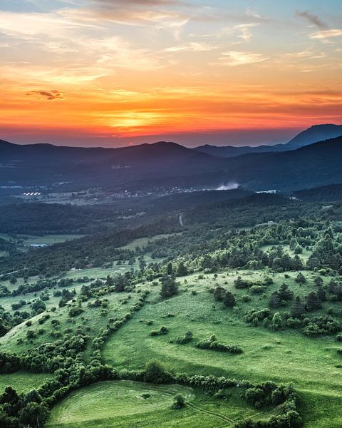 Wunderschöner Sonnenuntergang hinter grünen Feldern von Patrik Lovrin