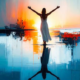 Frau im Wattenmeer bei Sonnenaufgang-02 von Manfred Rautenberg