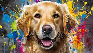 Gemälde eines Golden Retriever-Hundegesichts mit bunten Farbspritzern
