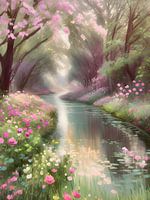 River through a sea of flowers in forest