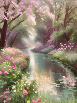 Fluss durch ein Meer von Blumen im Wald von TrishaVDesigns