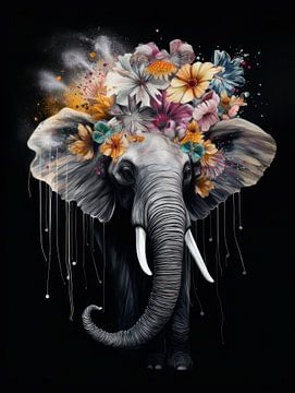 Ein Elefant in einem Meer aus bunten Blumen von Eva Lee