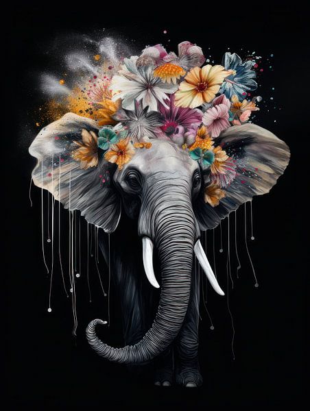 An Elephant Shrouded in a Sea of Colourful Flowers by Eva Lee