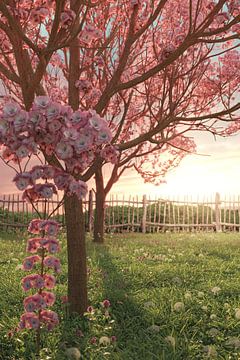 Arbres à fleurs de cerisiers japonais dans une prairie fleurie sur Besa Art