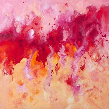 Love, abstract met rood, roze, oranje en perzikkleur. van Maria Meester