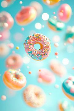 Kleurrijke donuts zweven in de lucht - Vrolijk van Poster Art Shop