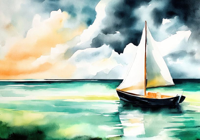 Segelboot unter Wolken – Aquarell von Niklas Maximilian
