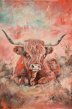 Schotse hooglander in levendig landschap schilderij van De Muurdecoratie
