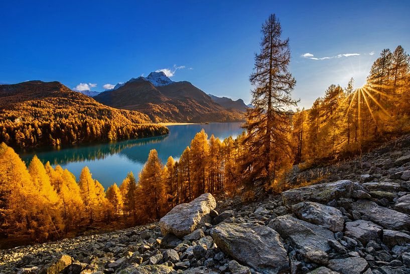 Herfst aan het meer van Sils in Zwitserland van Thomas Rieger