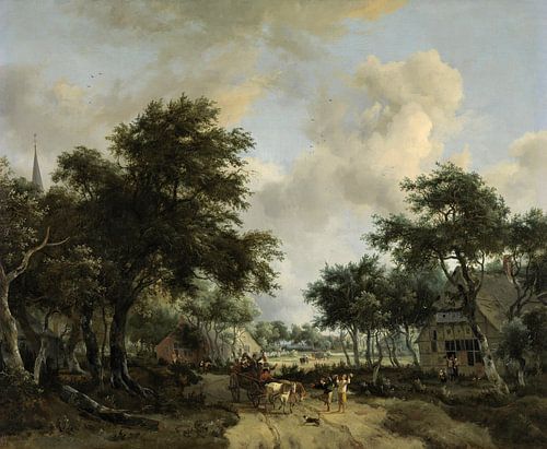 Boslandschap met een vrolijk gezelschap in een wagen, Meindert Hobbema