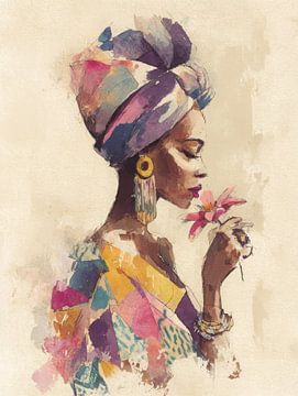 Vrouw met kleurrijke hoofddoek en bloem in aquarelstijl