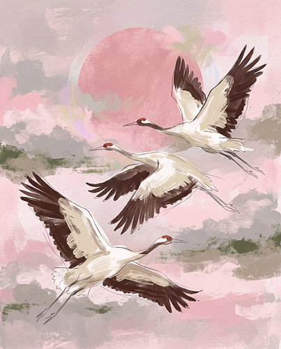 Elegant cranes in soft shades of pink