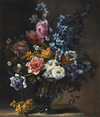 Jean-Baptiste Monnoyer, stilleven met tulpen, een hyacinth  en andere bloemen, in een glazen vaas