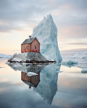 Huisje in een winterlandschap naast een ijsschots van Studio Allee