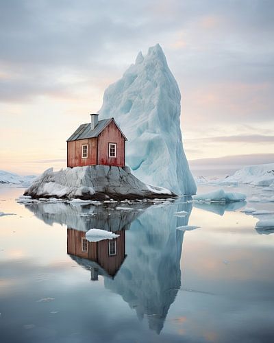 Hütte in einer Winterlandschaft neben einer Eisscholle