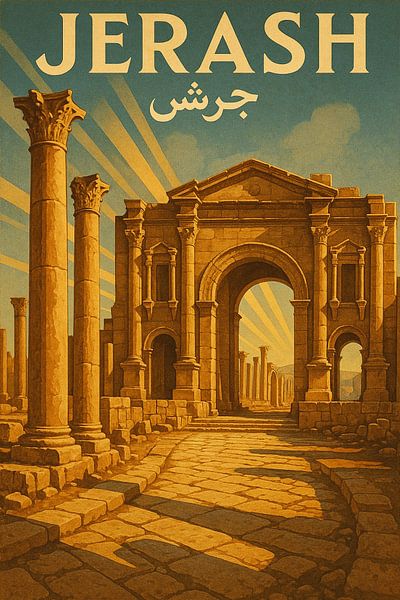 Jerash Jordanien Römische Ruinen Poster - Hadrian's Arch &amp; Kolonnade Street Art von Travel Shop