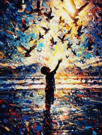 Wonder Child Splashing Vögel Sonnenaufgang spielerisch Porträt von Ramy Salah Hefny