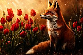Fox and tulips in evening light by Imperial Art House