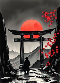 Japanese Torii Gate with Red Sun