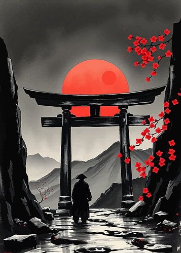 Japanse Torii poort met rode zon