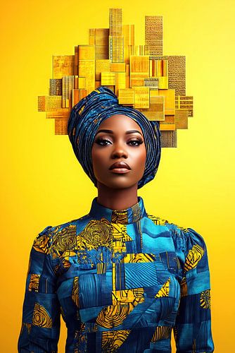 Afrikaans model met jurk met patroon en hoofddoek