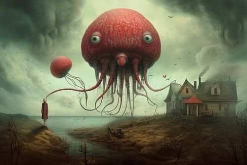 Bizarre illustration featuring an alien monster and a human being