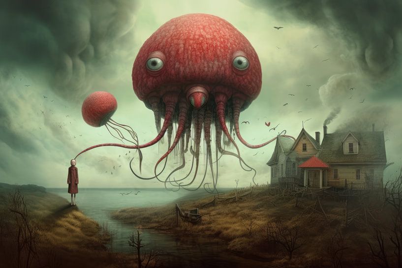 Illustration bizarre représentant un monstre extraterrestre et un être humain par Art Bizarre