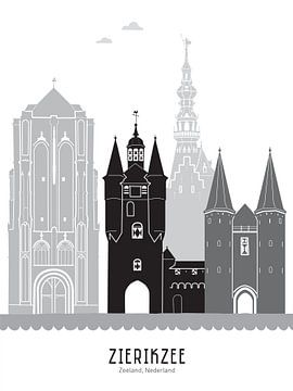Skyline illustratie stad Zierikzee zwart-wit-grijs van Mevrouw Emmer
