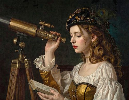 Femme avec télescope sur Emiel de Lange